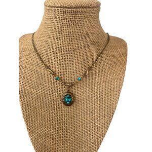 Vintage Gold Tone Sadie Turquoise Crystal Necklace Art Nouveau Pendant 19"